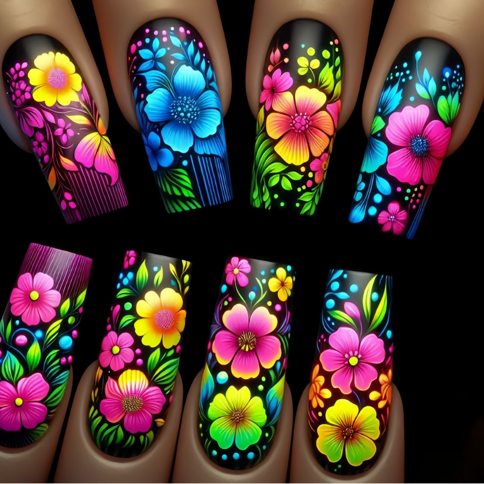 Pressed Flower Art - Medium long fake nails gradient blue